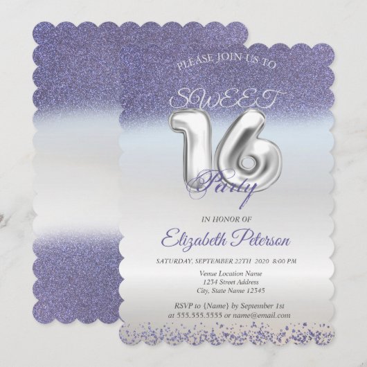 Sweet 16 Paarse Glitter Bokeh Ombre Party Kaart (Voorkant / Achterkant)