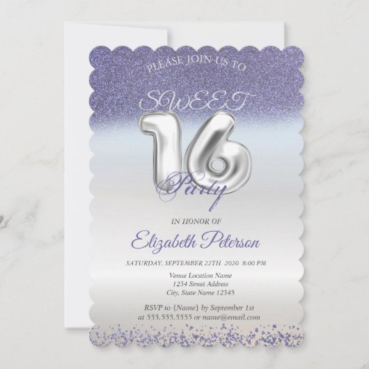 Sweet 16 Paarse Glitter Bokeh Ombre Party Kaart (Voorkant)