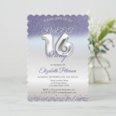 Sweet 16 Paarse Glitter Bokeh Ombre Party Kaart (Staand voorkant)