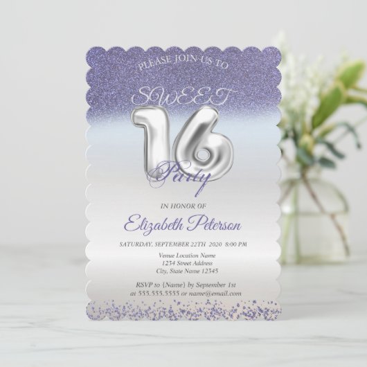 Sweet 16 Paarse Glitter Bokeh Ombre Party Kaart (Staand voorkant)