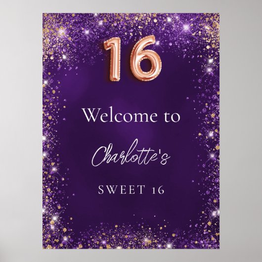 Sweet 16 paarse glitter schittert welkom poster (Voorkant)