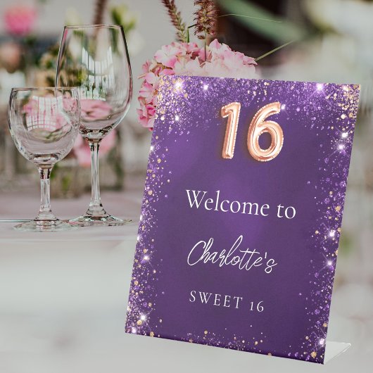 Sweet 16 paarse glitter schittert welkom reclamebord met voetstuk