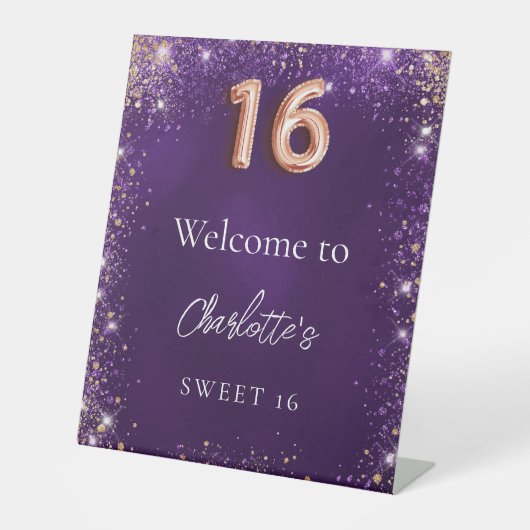 Sweet 16 paarse glitter schittert welkom reclamebord met voetstuk (Voorkant)