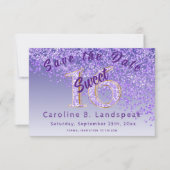 Sweet 16 Paarse Glitter Stylish Glitter Number 16 Save The Date (Voorkant)