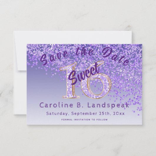 Sweet 16 Paarse Glitter Stylish Glitter Number 16 Save The Date (Voorkant)