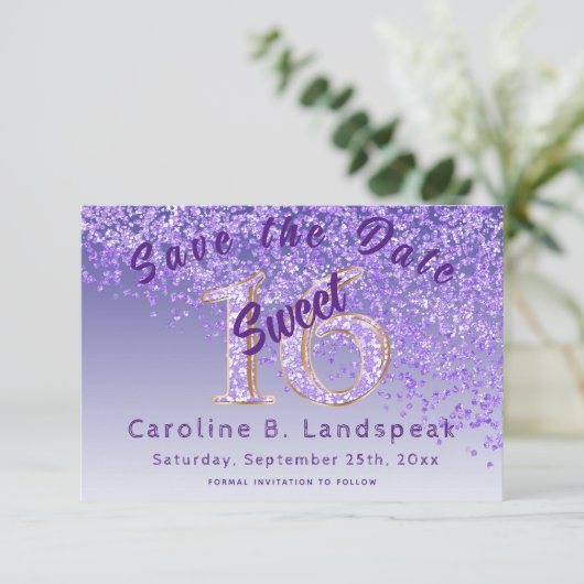 Sweet 16 Paarse Glitter Stylish Glitter Number 16 Save The Date (Staand voorkant)