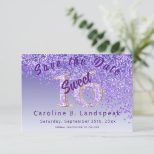 Sweet 16 Paarse Glitter Stylish Glitter Number 16 Save The Date