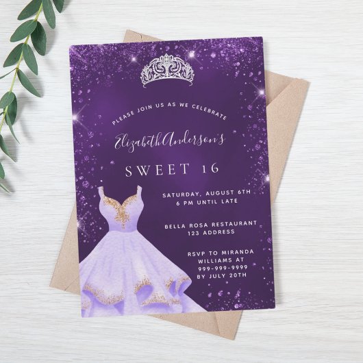 Sweet 16 paarse glitterstofjurk tiara kaart