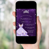 Sweet 16 paarse glitterstofjurk tiara kaart