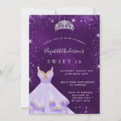 Sweet 16 paarse glitterstofjurk tiara kaart (Voorkant)
