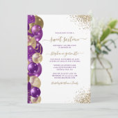 Sweet 16 Paarse Gouden Sparkle Balloon Invitation Kaart (Staand voorkant)