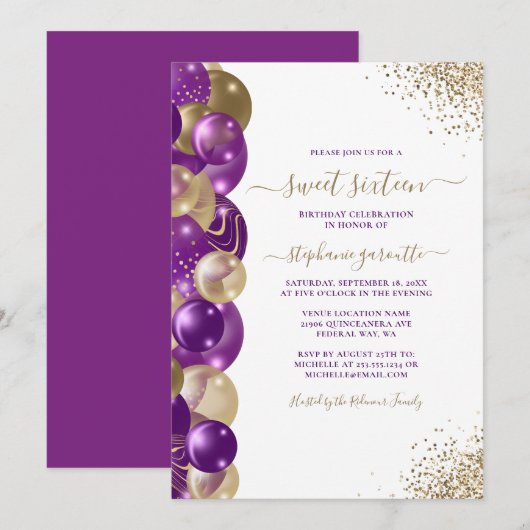 Sweet 16 Paarse Gouden Sparkle Balloon Invitation Kaart (Voorkant / Achterkant)