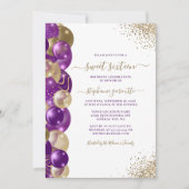Sweet 16 Paarse Gouden Sparkle Balloon Invitation Kaart (Voorkant)