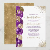 Sweet 16 Paarse Gouden Sparkle Balloon Invitation Kaart (Voorkant / Achterkant)
