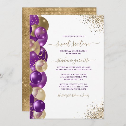 Sweet 16 Paarse Gouden Sparkle Balloon Invitation Kaart (Voorkant / Achterkant)