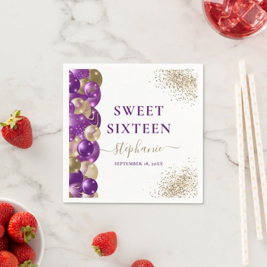 Sweet 16 Paarse Gouden Sparkle Balloon Servet (Insitu)