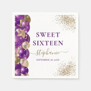 Sweet 16 Paarse Gouden Sparkle Balloon Servet