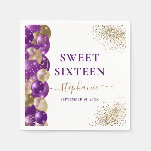 Sweet 16 Paarse Gouden Sparkle Balloon Servet (Voorkant)