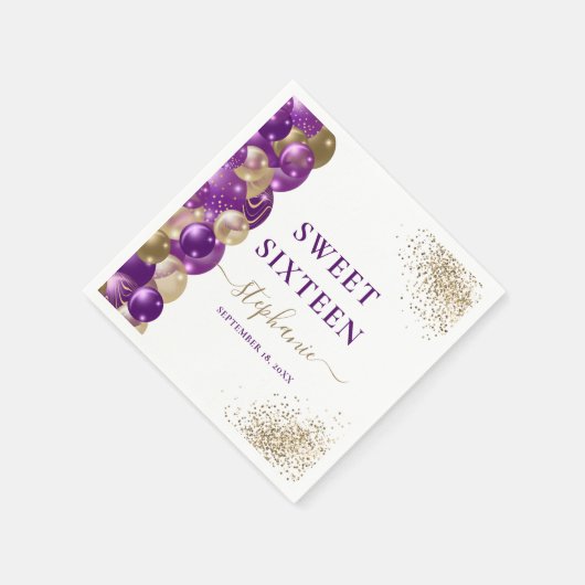 Sweet 16 Paarse Gouden Sparkle Balloon Servet (Hoek)