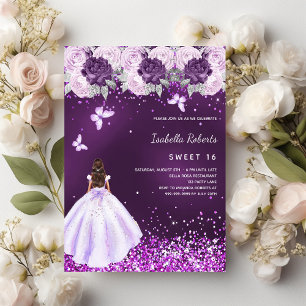 Sweet 16 paarse jurk roze bloemen kaart