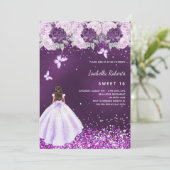 Sweet 16 paarse jurk roze bloemen kaart (Staand voorkant)