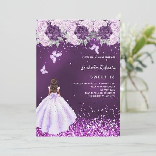 Sweet 16 paarse jurk roze bloemen kaart (Staand voorkant)
