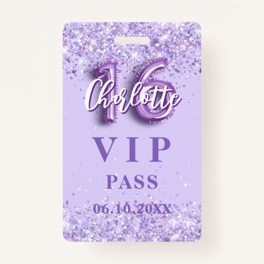 Sweet 16 paarse lavendel vip-feestpas badge (Voorkant)