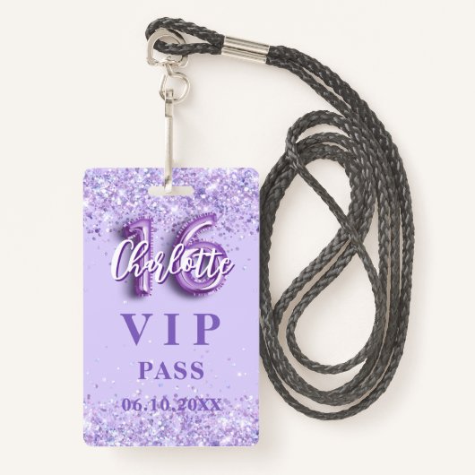 Sweet 16 paarse lavendel vip-feestpas badge (Voorkant met draagriem)