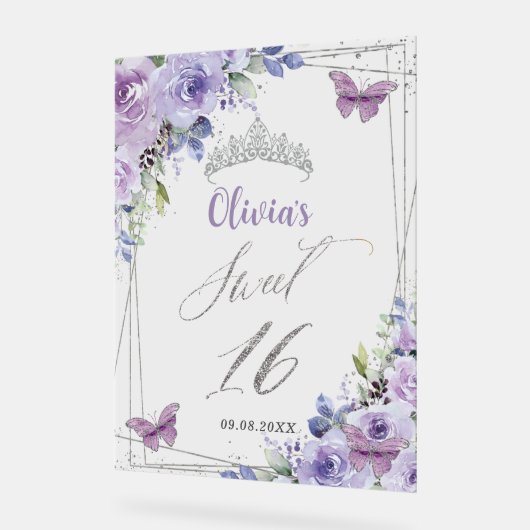 Sweet 16 Paarse Lila Bloemen Zilver Welkom Acryl Bord (Hoek)