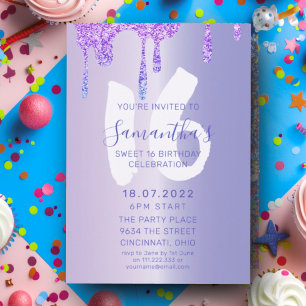 Sweet 16 Paarse Metallic & Glitter Drips Verjaarda Kaart