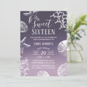 Sweet 16 Paarse Ombre Beach Starfish Seashells Kaart (Staand voorkant)