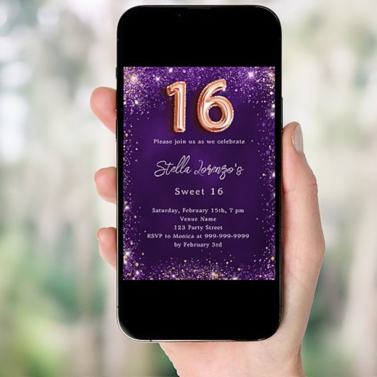 Sweet 16 paarse roos gouden schitteringen kaart