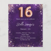 Sweet 16 paarse roos gouden uitnodiging (Voorkant)