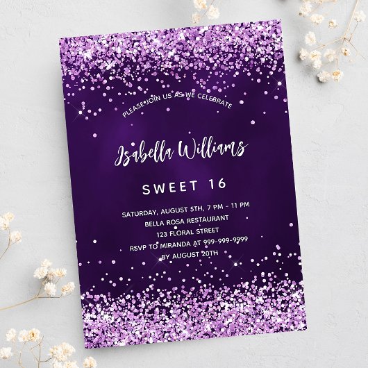 Sweet 16 paarse roze glitter glamoureus kaart