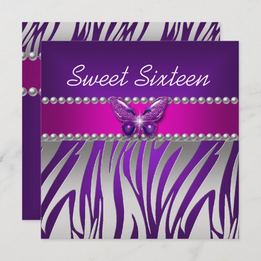 Sweet 16 Paarse roze Zebra Silver Butterfly Kaart (Voorkant / Achterkant)
