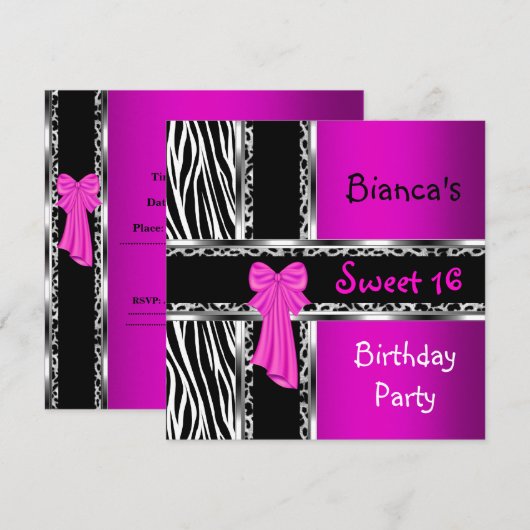Sweet 16 Paarse roze zilver zwarte Zebra luipaard Kaart (Voorkant / Achterkant)