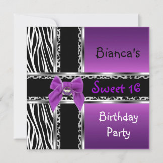 Sweet 16 Paarse roze zilver zwarte Zebra luipaard Kaart