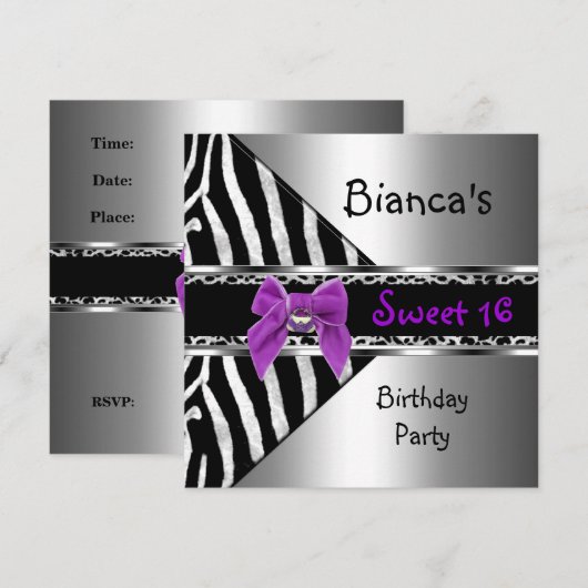 Sweet 16 Paarse Silver Black Zebra Leopard Kaart (Voorkant / Achterkant)