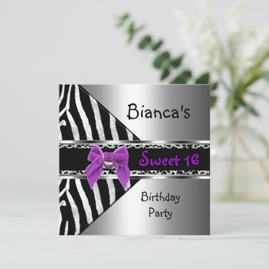 Sweet 16 Paarse Silver Black Zebra Leopard Kaart (Staand voorkant)