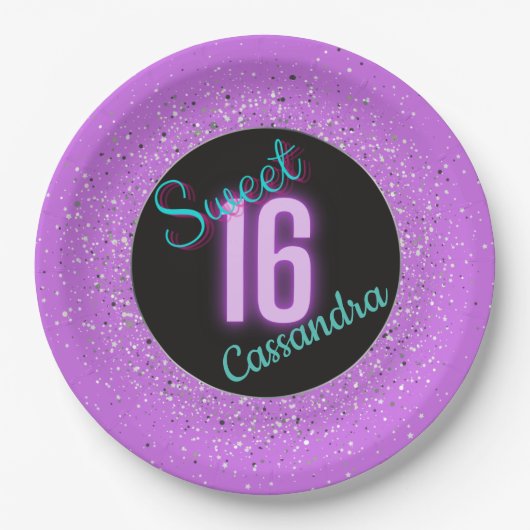 Sweet 16 Paarse Silver Brilliance gepersonaliseerd Papieren Bordje (Voorkant)