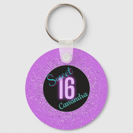 Sweet 16 Paarse Silver Brilliance gepersonaliseerd Sleutelhanger (Voorkant)