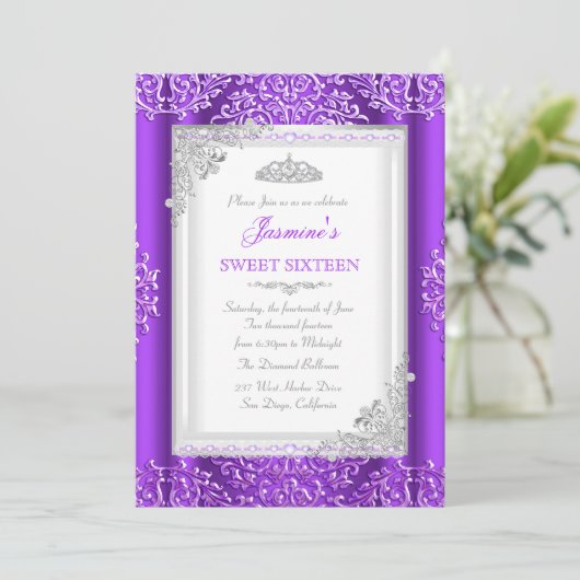 Sweet 16 Paarse Silver Lace Damask Tiara Kaart (Staand voorkant)