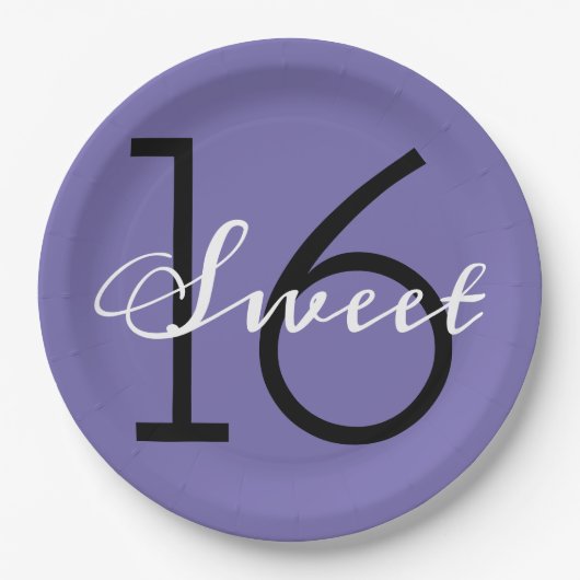 Sweet 16 Paarse Typografie Verjaardag Papieren Bordje (Voorkant)