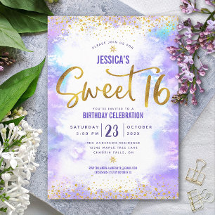 Sweet 16 Paarse Waterverf Gold Girly Birthday Kaart