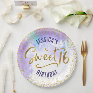 Sweet 16 Paarse Waterverf Gold Girly Birthday Papieren Bordje