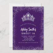 Sweet 16 Paarse zilver Glitter Diamond Tiara Kaart (Voorkant)