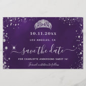 Sweet 16 paarse zilveren glitter save date kaart (Voorkant)