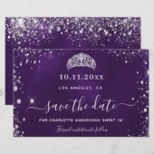 Sweet 16 paarse zilveren glitter save date kaart (Voorkant / Achterkant)