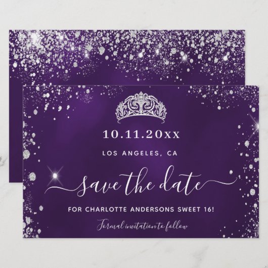 Sweet 16 paarse zilveren glitter save date kaart (Voorkant / Achterkant)