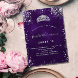 Sweet 16 paarse zilverglitter tiara crown uitnodiging briefkaart<br><div class="desc">Voor een elegant Sweet 16,  16e verjaardag. Een paarse achtergrondkleur,  de paarse kleur is ongelijk. Gedemoreerd met faux zilveren glitterstof en een tiara,  kroon. Geef een persoonlijke naam,  leeftijd en partijgegevens op en voeg deze toe. De naam wordt geschreven met een handgeschreven stijlmanuscript met letters. Achterzijde: briefkaart ontwerp.</div>